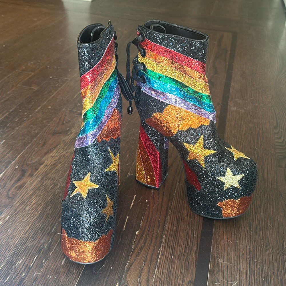 Dolls Kill Current Mood Rainbow Glitter Disco Festival Platforms